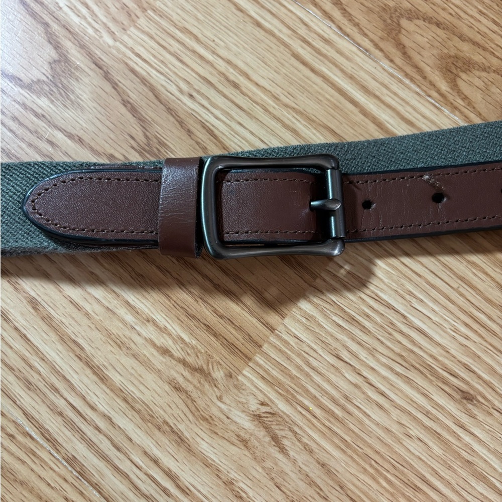 Lands' End Green Fabric Belt with Brown Leather